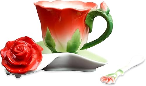 Beddinginn 3 tazas de porcelana con diseño floral y cuchara Vajilla Rojo