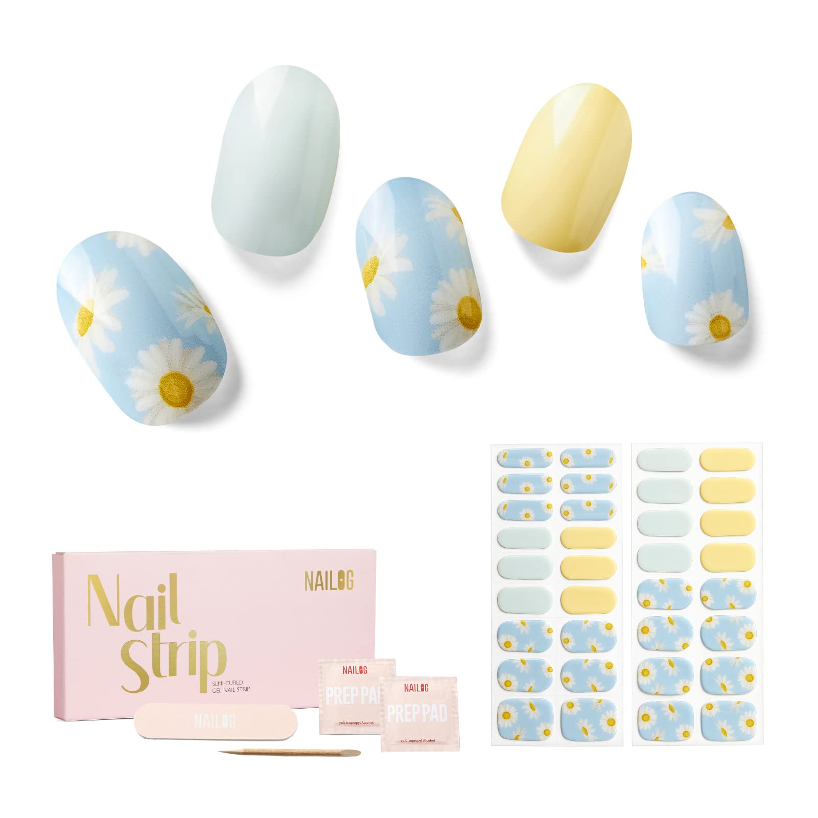 NAILOG Semi Cured Gel Nail Strips, 34 pcs Salon-Quality Gel Nail Stickers, Long Lasting Nail Wraps for Women with Soft Gel Finish | Daisy