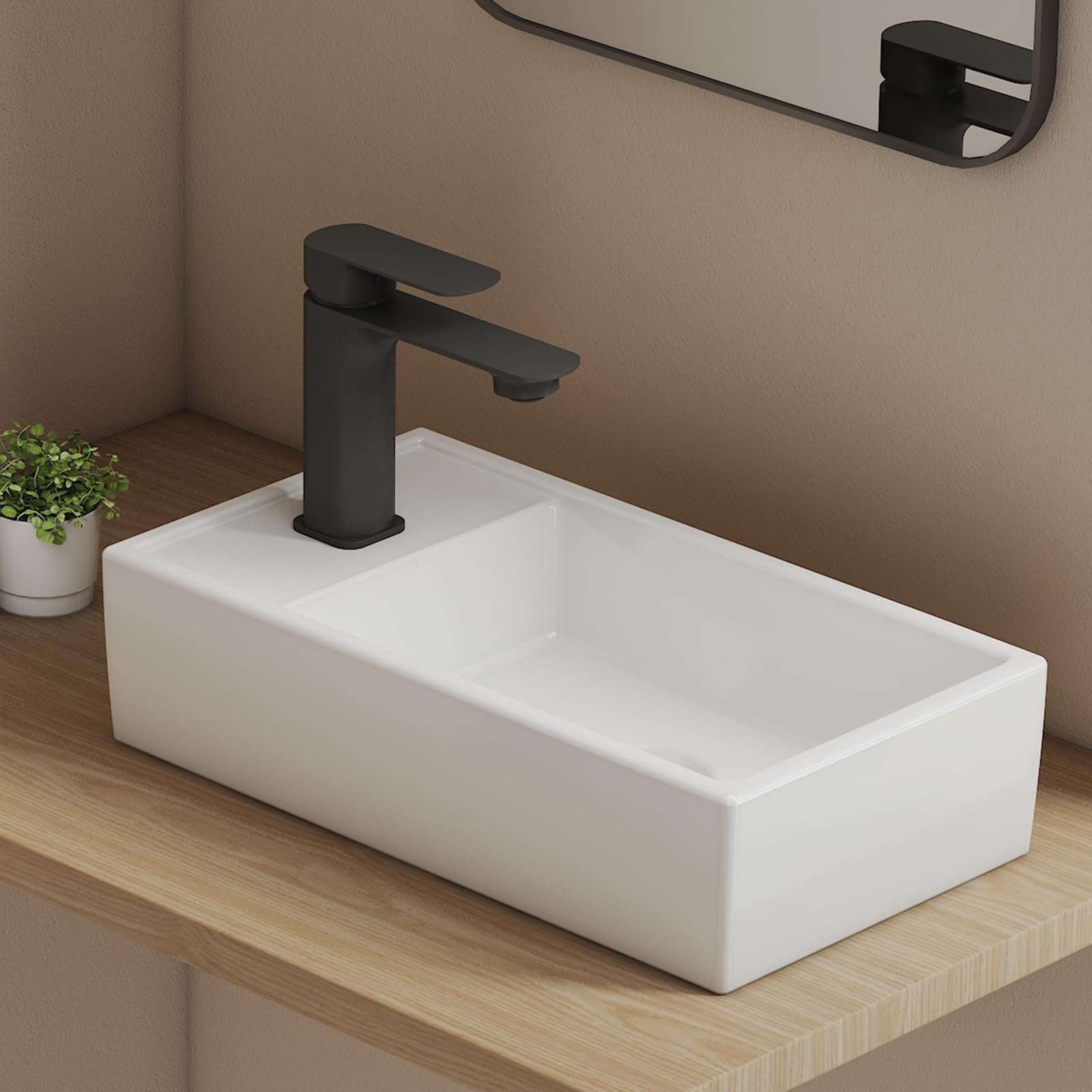 EMKE Piccolo lavandino rettangolare 41,0 x 22,0 x 10,0 cm, in ceramica, con foro per rubinetto, senza troppopieno, piccolo da appoggiare e da parete, ideale per bagno e WC degli ospiti, bianco