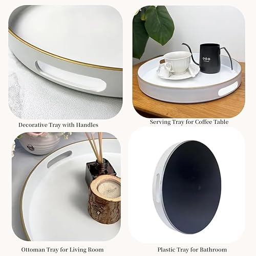 Miniatura 4 de Bandeja decorativa blanca, bandeja para servir con asas, bandeja decorativa redonda para mesa auxiliar, bandeja de plástico de 13 pulgadas para