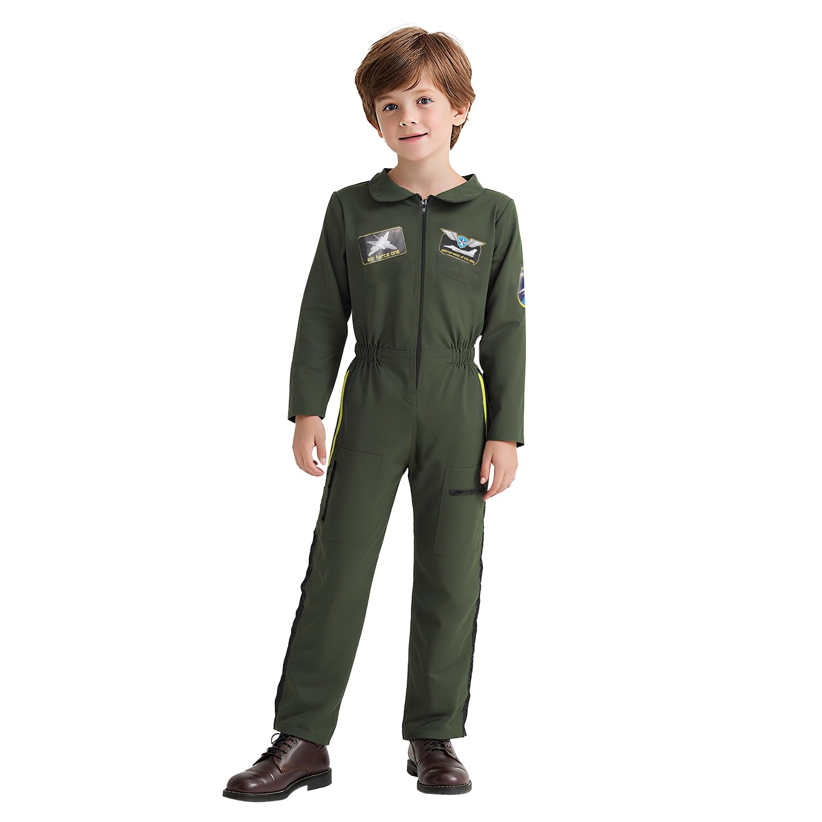 JoyFuncos Fighter Pilot Costume Kids Aviator Jumpsuit Flight Suit Halloween Outfit 1940s Fancy Dress for Boys Girls Party Cosplay (110) - Image 4