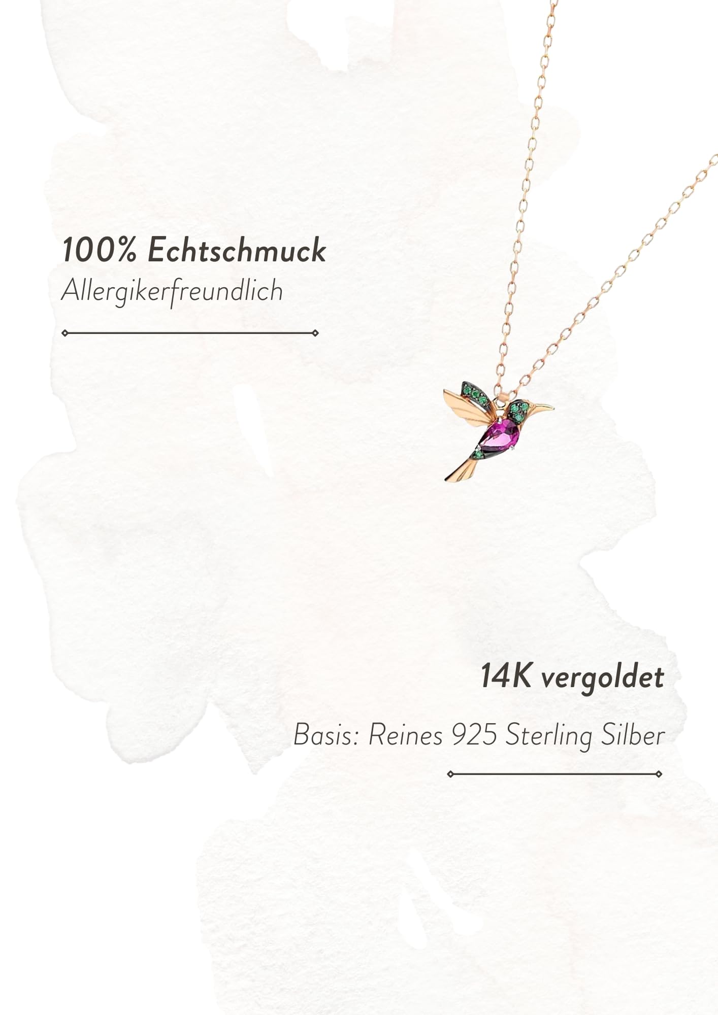 Einzelstück Collana con ciondolo a forma di colibrì, in argento Sterling 925, placcato oro, con zirconi cubici (colibrì oro)