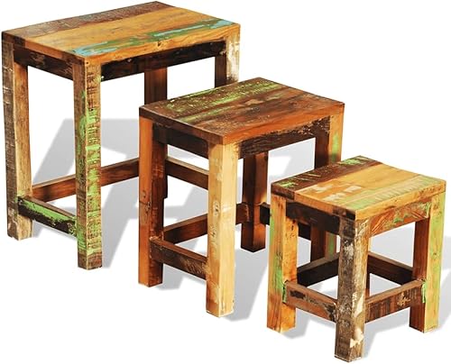 Miniatura 5 de CHARMMA Juego de mesa anidable, 3 piezas, mesas de centro de madera recuperada vintage para sala de estar, mesa apilable para mesa anidable, mesa de