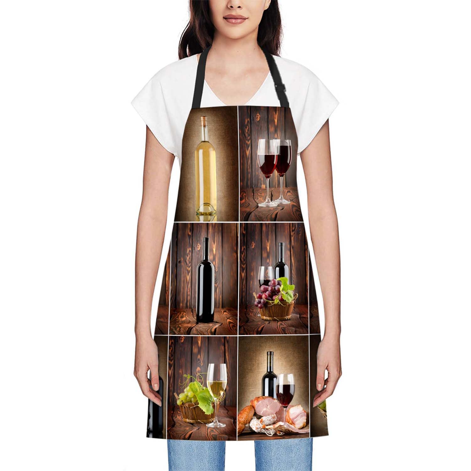 Smooffly Wine Collage on a Wooden Apron,Adjustable Neck Bib Apron for Men Women,Suitable for Kitchen Cooking Waitress Chef Apron - Image 2