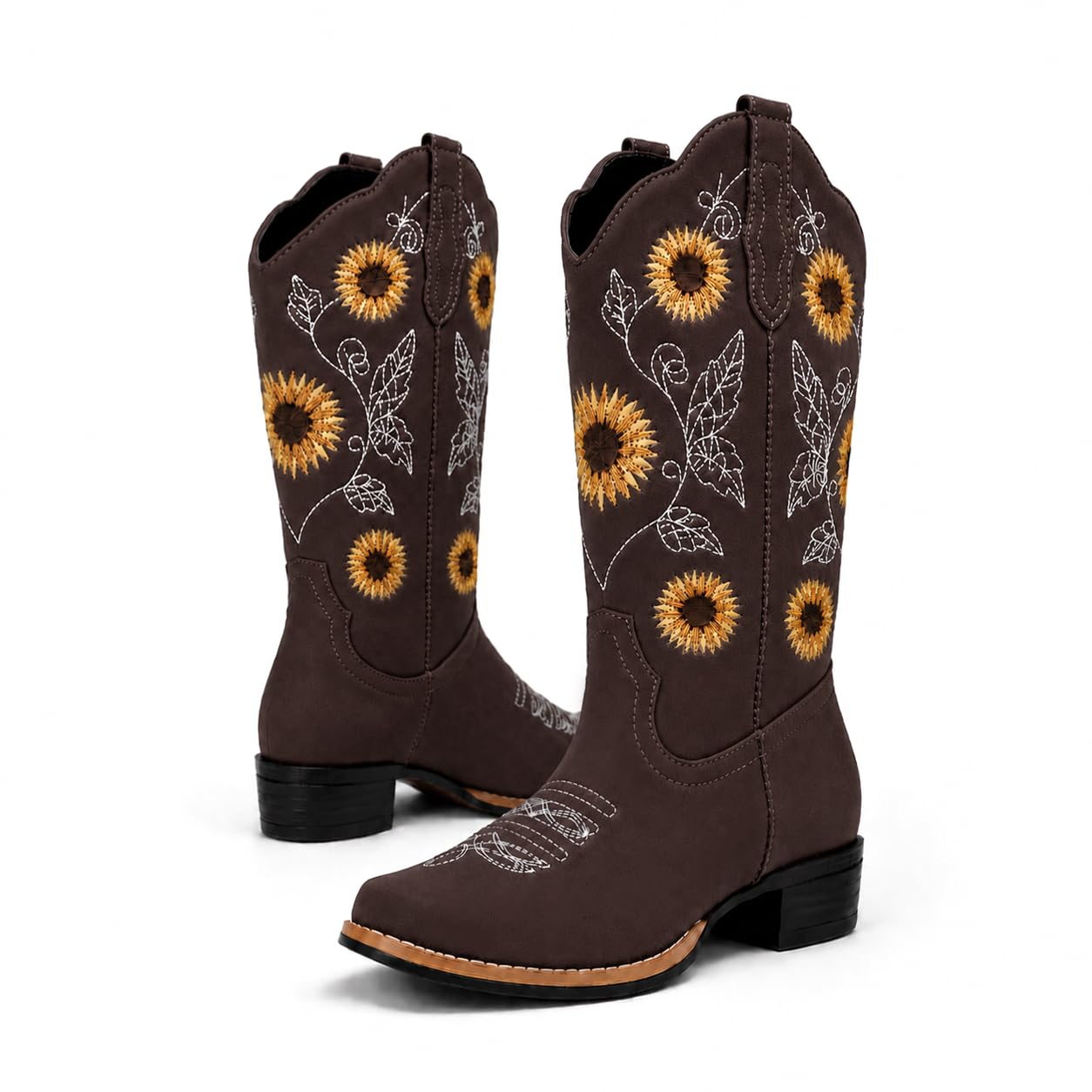Women's Sunflower Cowboy Boots Cowgirl Square Toe Mid Calf Low Heel