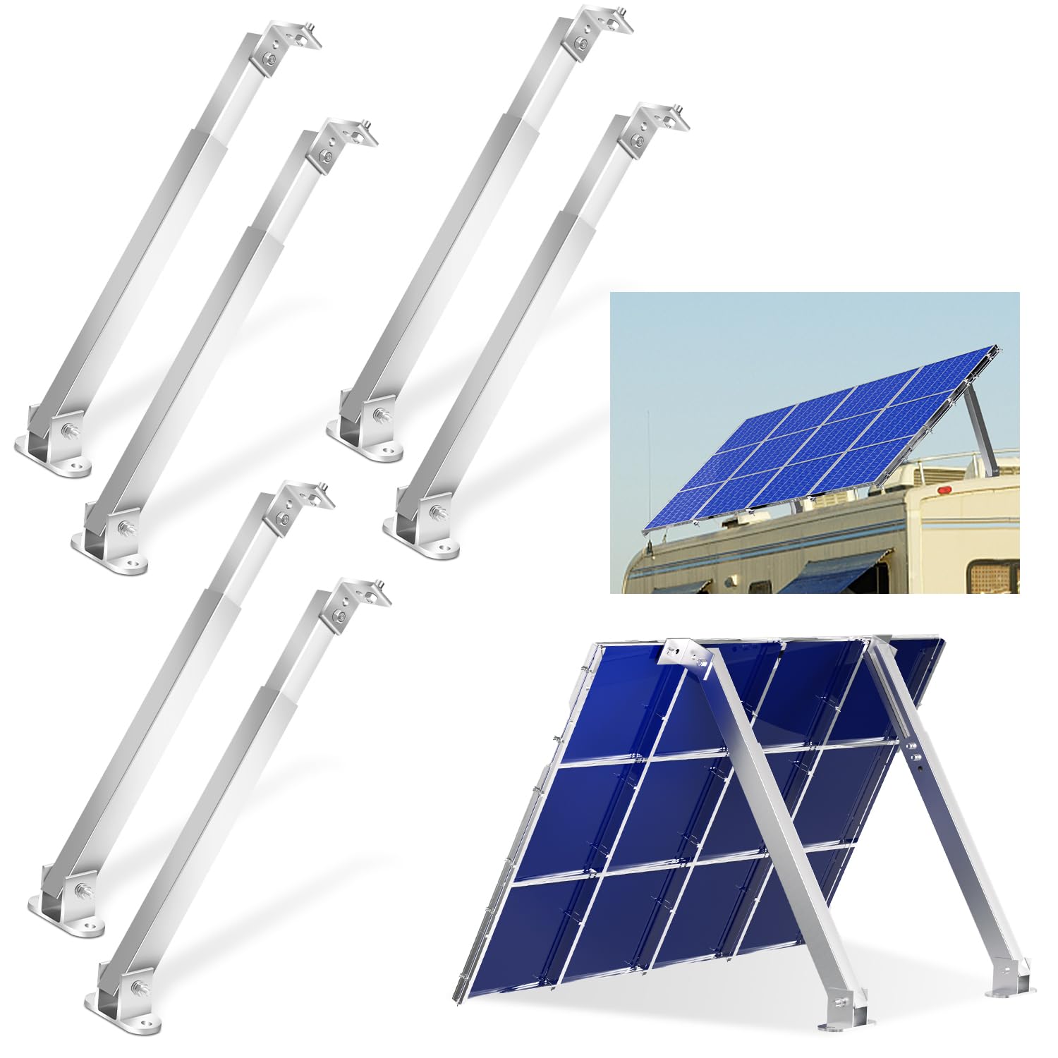 Supporto per pannello solare, 3 paia, per balcone, 0-60°, supporto regolabile, tetto piatto, altezza 38-68 cm, facile da fissare, supporto solare per parete, barca, balcone