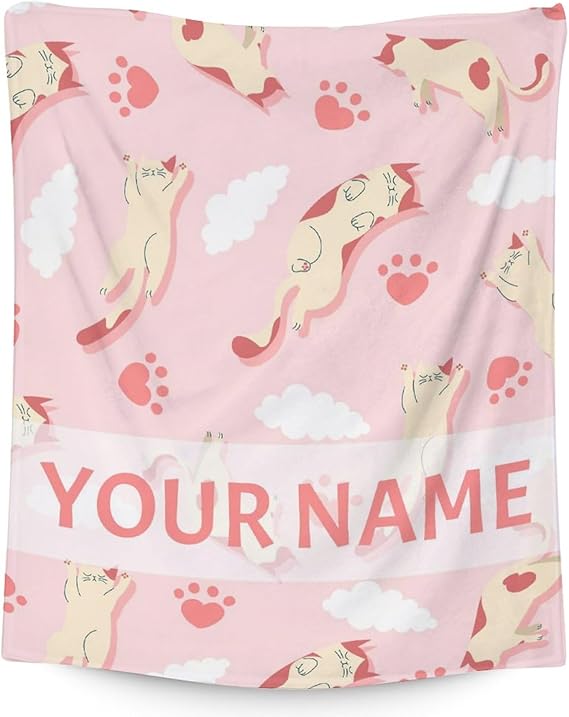 Personalized Cat Blanket Gifts with Name - 40"x50" Cute Throw for Kids & Adults - Pink Soft Fuzzy Blankets for Bed, Couch & Living Room
