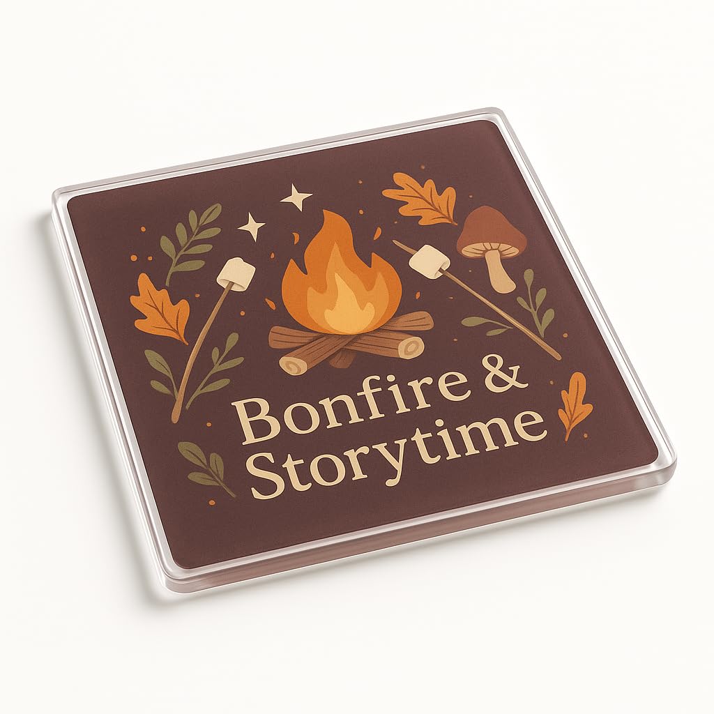 The Plum Penguin Fireside Whimsy Acrylic Coaster Gift - Autumnal Folklore Cottagecore Design With Hand-Drawn Illustrations