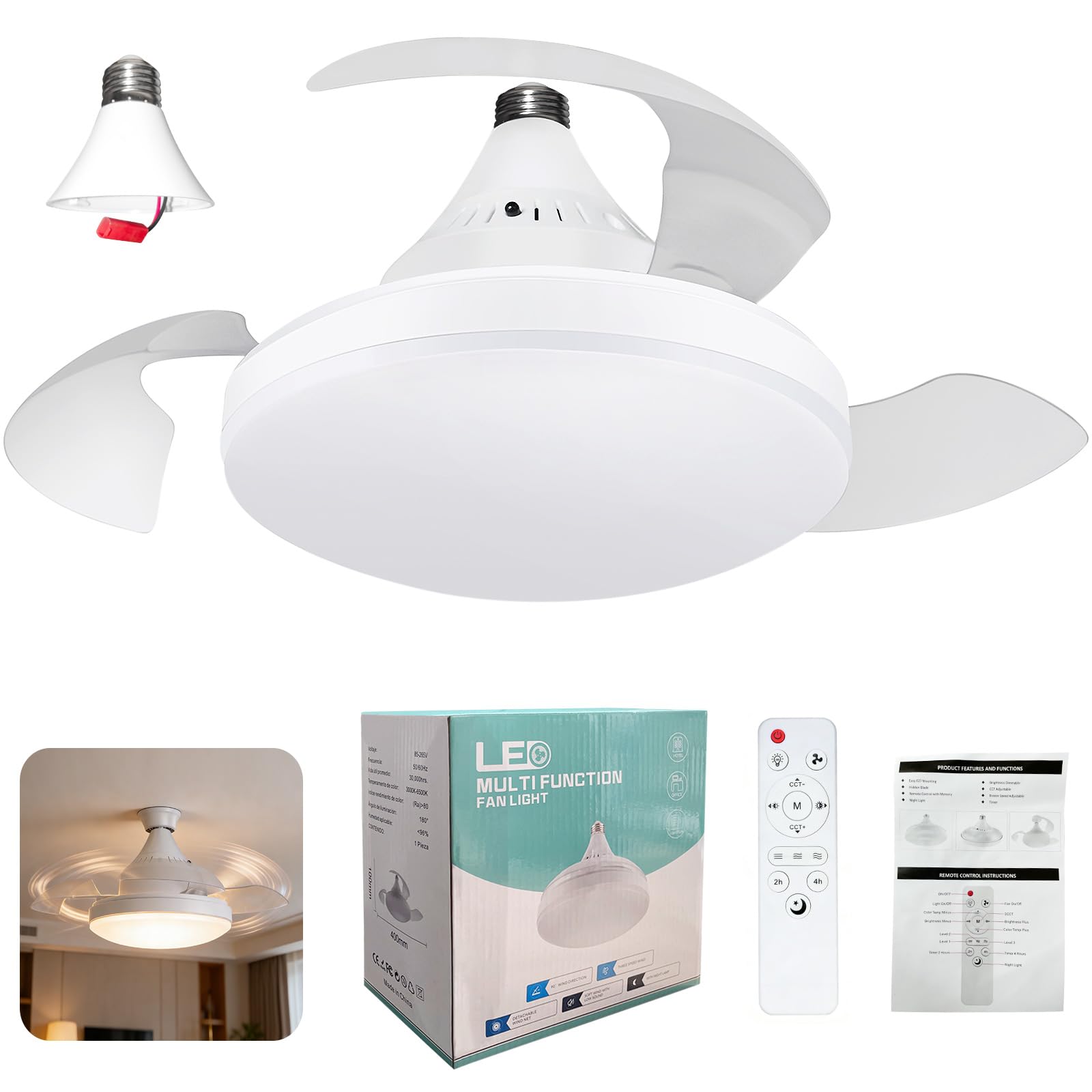 Ceiling Fan with Light E27 LED, 40 cm Silent Fan Lamp with Remote Control, 3 Colours Dimmable and Timer, Powerful Motor for Bedroom Kitchen, Easy Installation