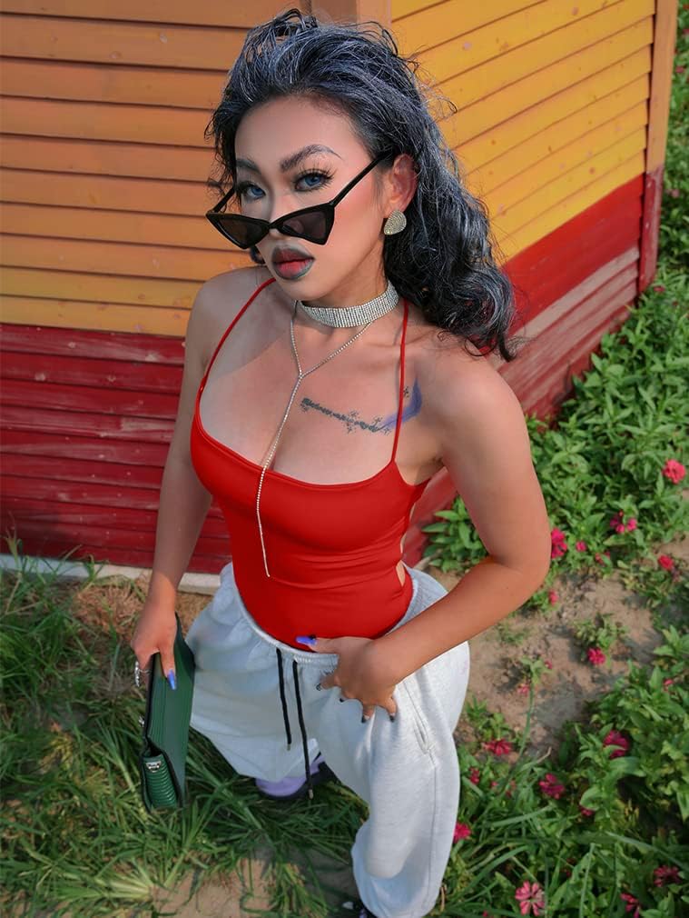 YMDUCH Women's Sexy Sleeveless Criss Cross Backless Cami Bodycon Bodysuit Tops - Image 8