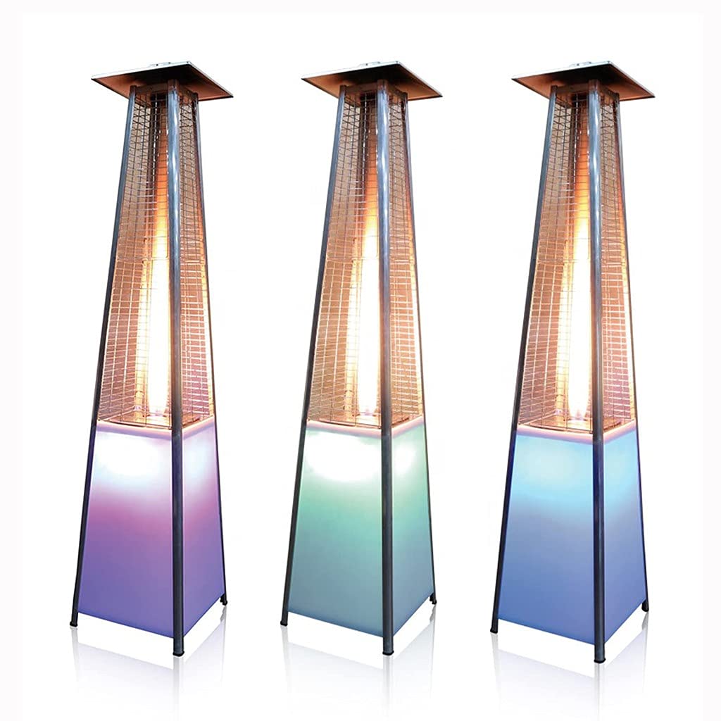 Riscaldatore Da Esterno A Propano A Piramide Da 48000 BTU Con Luci A Led Tubo Di Vetro Fiamma, Ruote, Accensione Rapida A Impulsi, Stufa Da Esterno Con Spegnimento Automatico Per Patio
