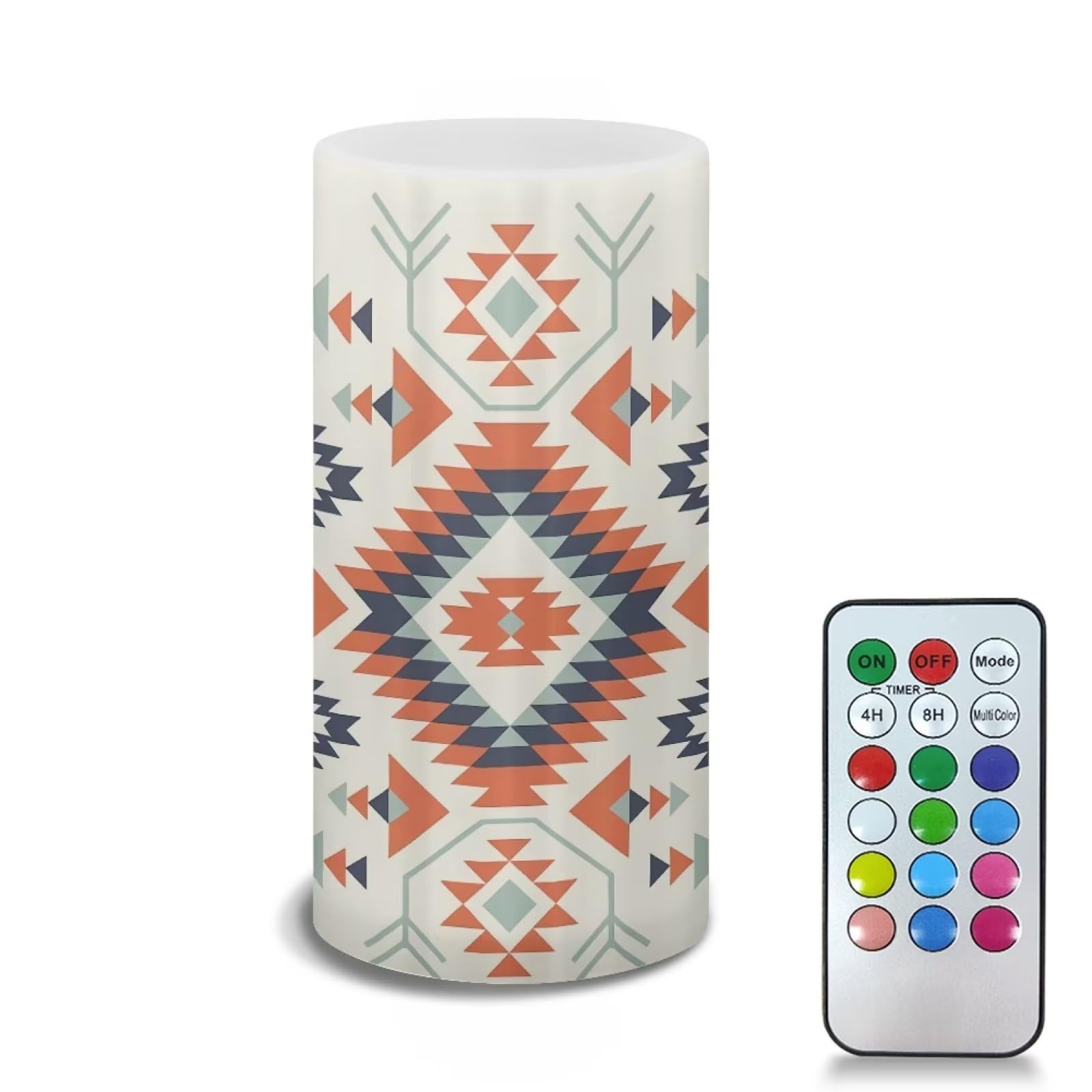Xoenoiee Aztec Tribal White Print Flameless Candles with Remote Control and Timer, Battery Operated Flickering LED Pillar Candles Outdoor