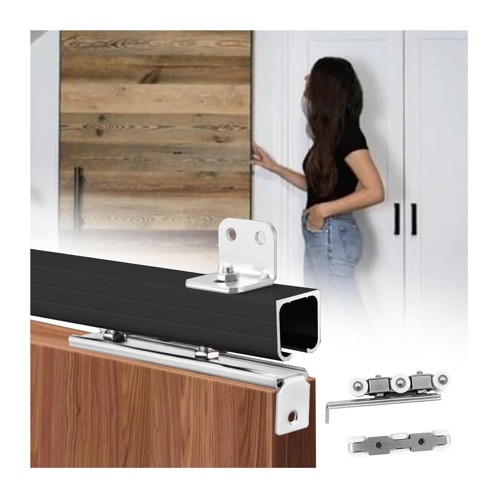 Sliding Door Track, Sliding Barn Door Hardware Kit 1.85mm Alum 6 Wheel 60kg 30-50mm Multi Lengths(Black,3.5m(11.5ft))