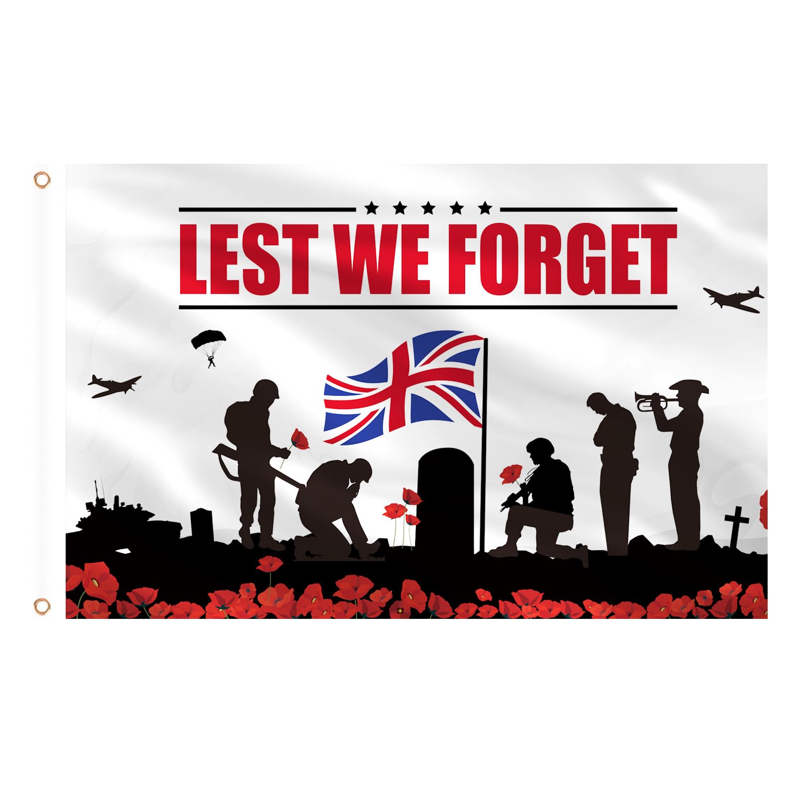 AhfuLife Lest We Forget Flag 5ft x 3ft for Veterans Memorial Day, 1pcs Large Lest We Forget Army Flags - Double Side with Brass Eyelets for Remembrance Day Decorations
