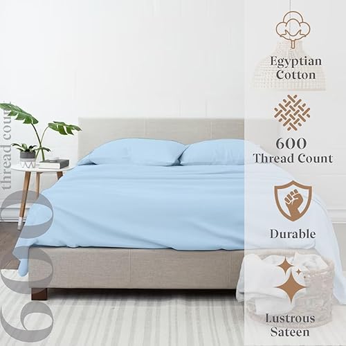 Miniatura 2 de Juego de sábanas de 100 % algodón egipcio, sábanas refrescantes de 600 hilos para cama tamaño Queen, suaves y acogedoras, tejido satinado, algodón