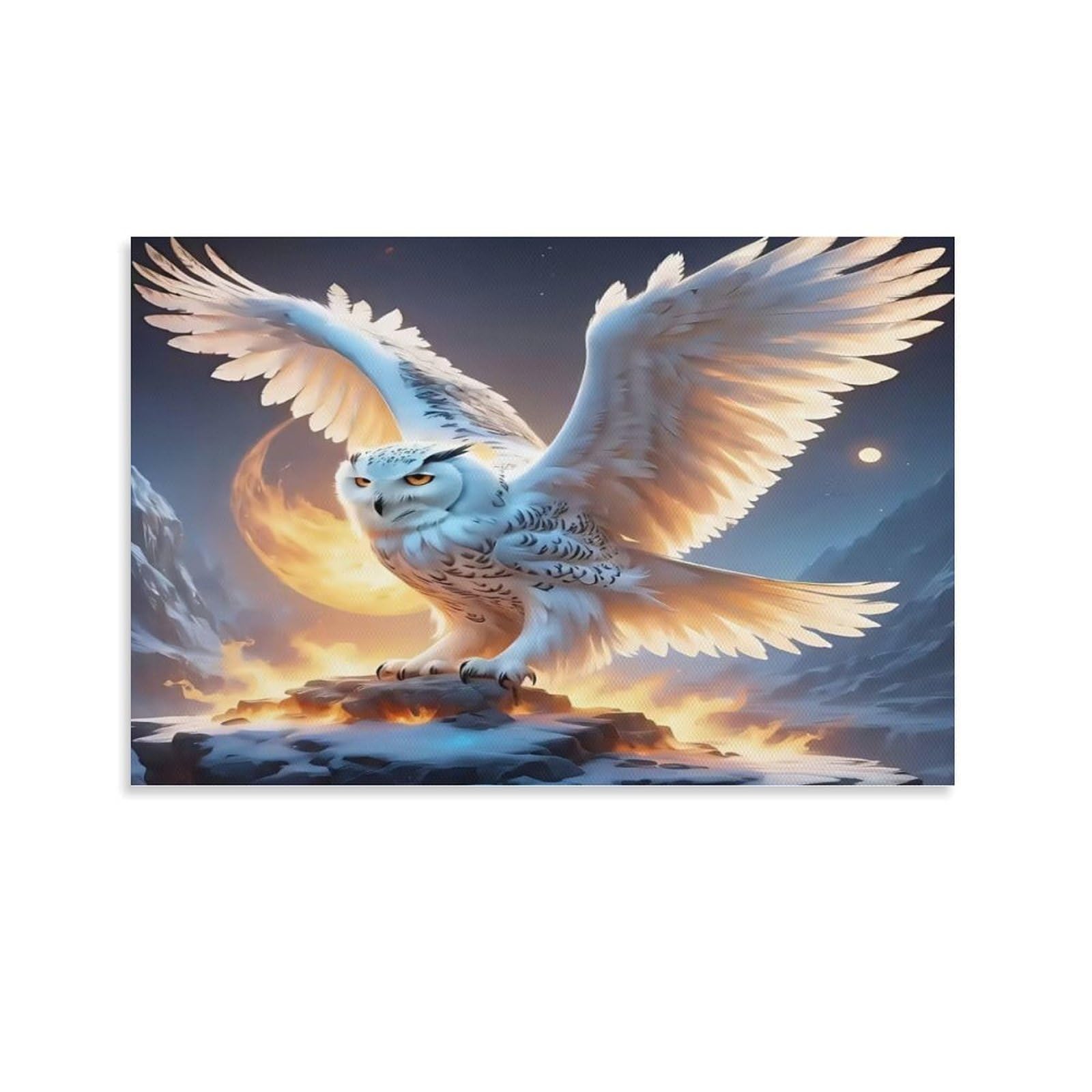 Snowy Owl with Wings Spread Against Moonlit Mountains Glowing Snowy Owl Fiery Rocky Mountain Peak Wall Art Decor - Office Wall Focal Art Multi-Purpose Fade Resistant Decor 24x36inch(60x90cm)