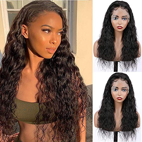Freyja Glueless Lace Front Wigs Long Natural Curly Wave Realistic Looking Synthetic Lace Front Wig Natural Hairline Heat Resistant Fiber Wig For Women with Baby Hair (24 Inch Black Color)