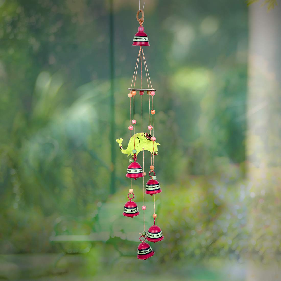 Aakriti Art Creations Wood & Metal Hand-Painted Home Decor Green Alpaca with 5 Metal Bells Windchime