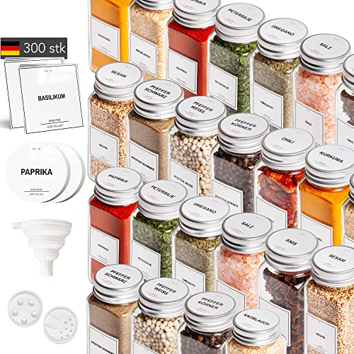 Greeano Gewürzgläser Set [24 x 120ml] mit 300 Gewürzetiketten [DE] - Gewürze Aufbewahrung mit Streueinsatz - Gewürzdosen Glas - Gewürzbehälter Glas - Gewürz Organizer - Spice Jars