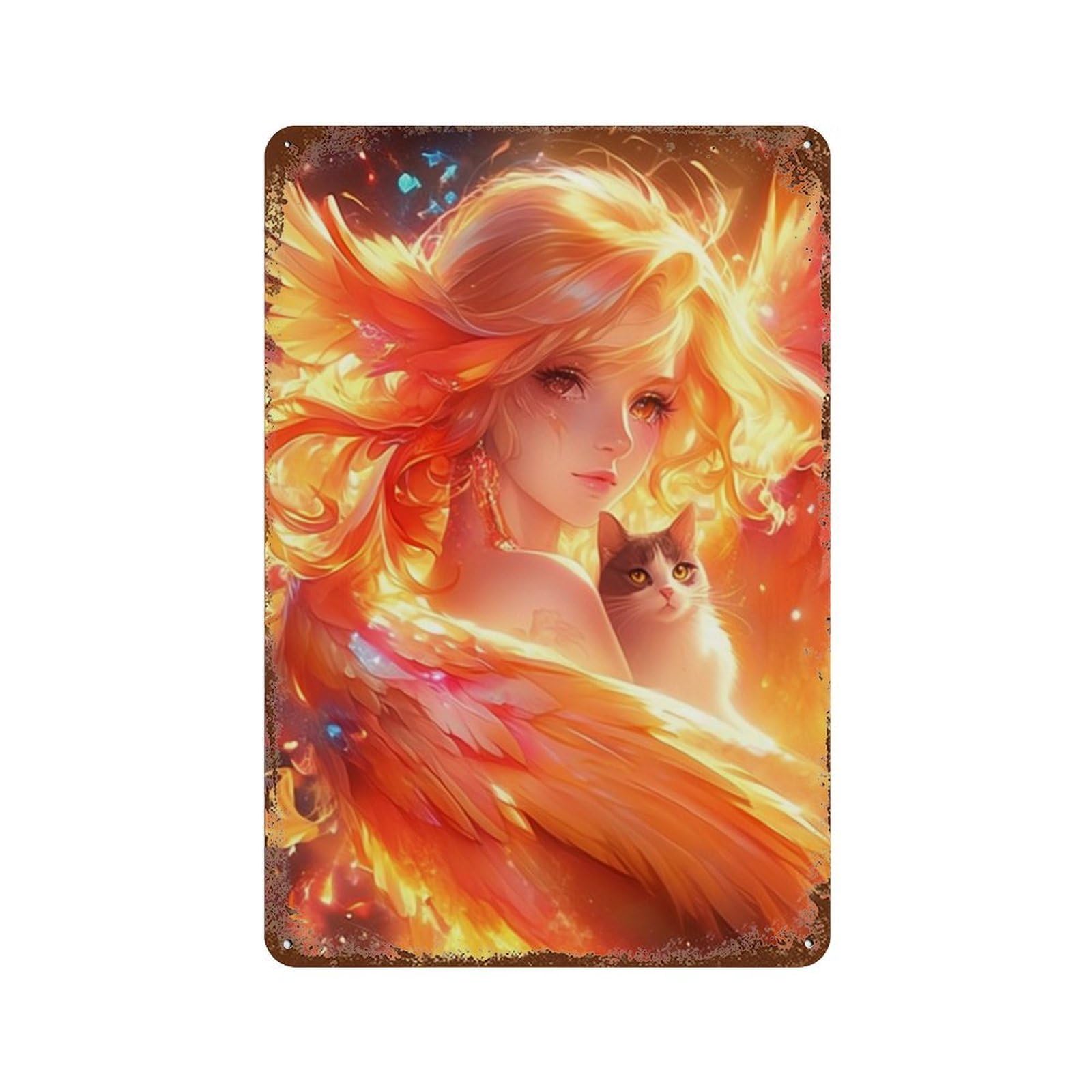 Phoenix Woman with Cat Aged Metal Wall Plaque 11.8"x7.9", for Pub, Kitchen And Man Cave Decor, Decorative Metal Wall Art