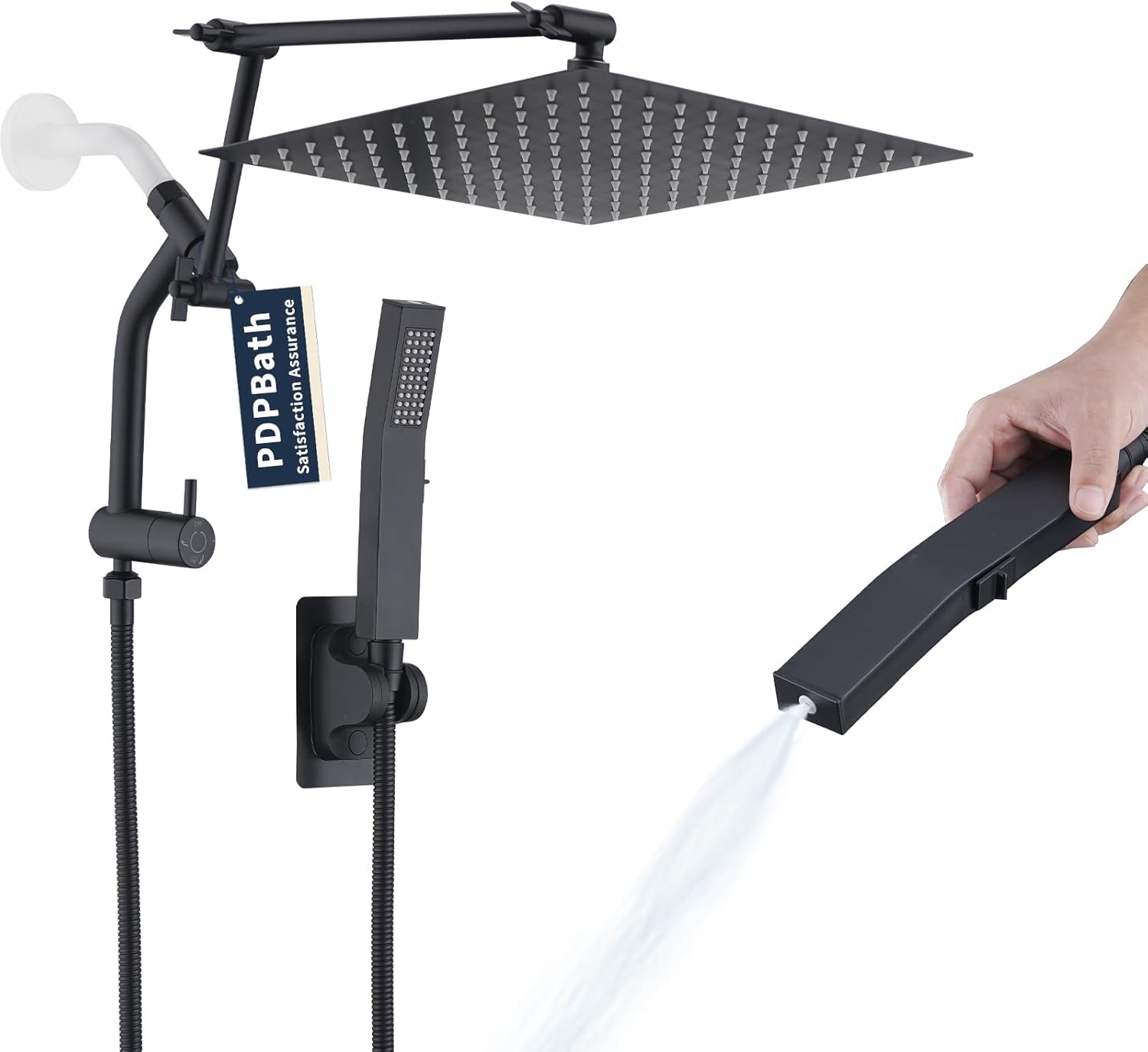 pdpbath all metal 12'' rainfall shower head with handheld combo, upgrade 3-way diverter with pause setting, high pressure rain shower head with 16'' adjustable extension arm, 59" hose, matte black 16'' double adjustable extension arm matte black