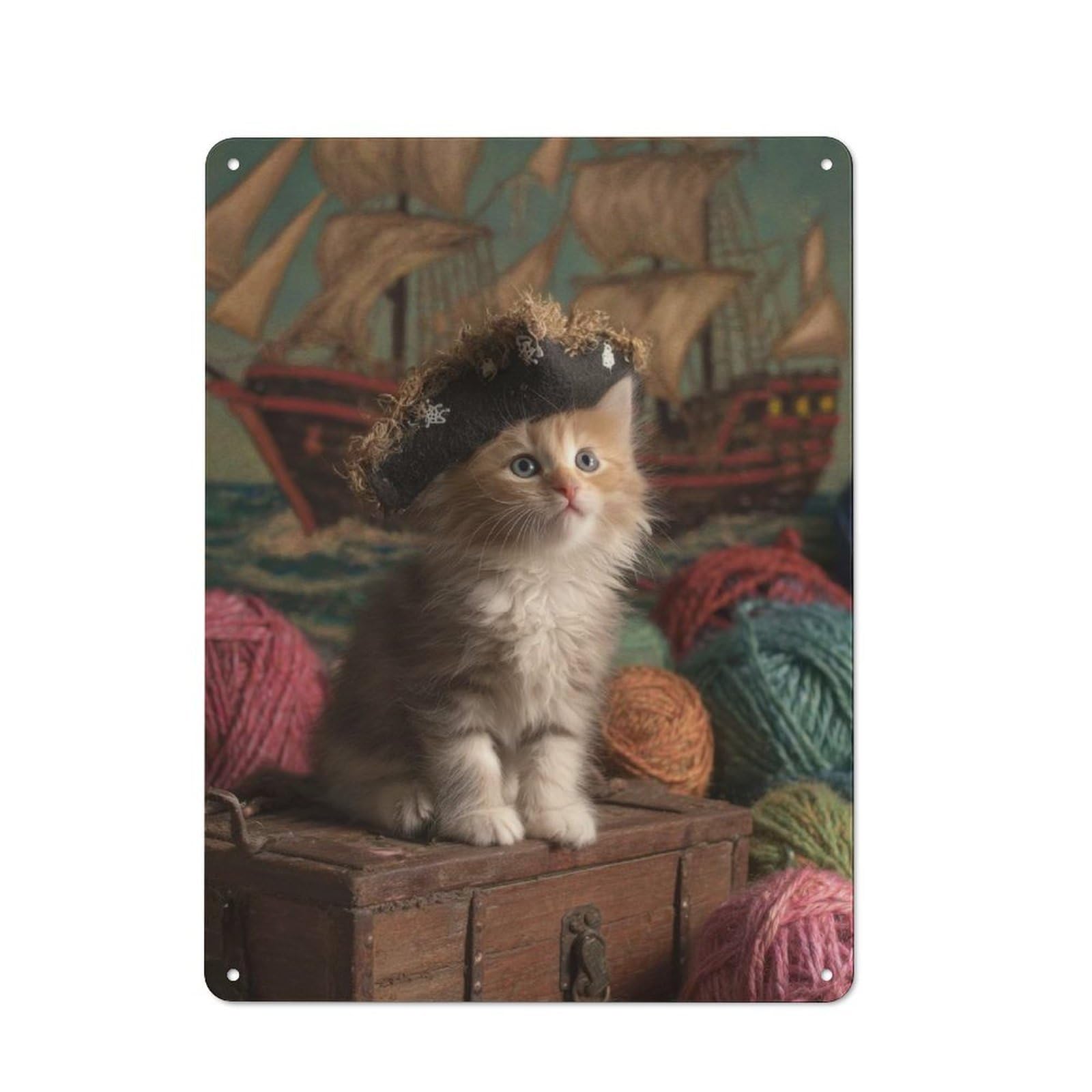Junmoney Kitten Pirate On Treasure Chest Decorative Metal Sign 40X30cm, Creative Studio Wall Plaque For Hobby Room, Office, Lounge Or Living Room