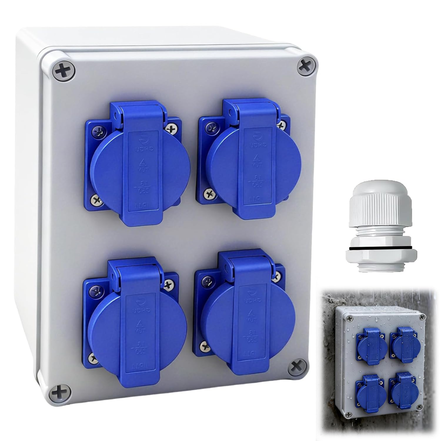 Distribuidor de pared para construcción, con 4 enchufes de 230 V 16 A, enchufe Schuko, IP44 para obras, hogares, industria, interior y exterior