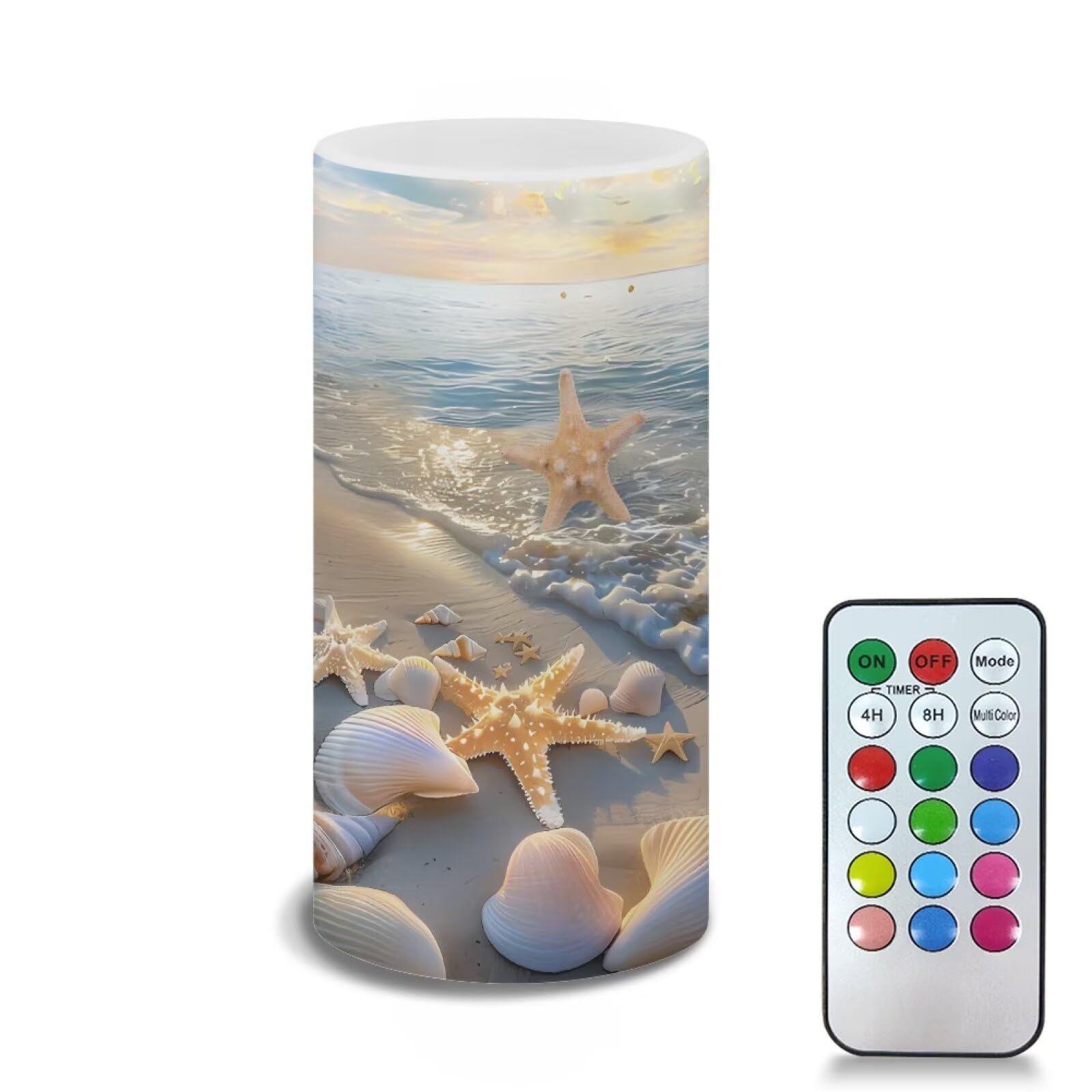 Poceacles Beach Starfish Shell Sea Flameless Candle with 18-Key Remote Timer Color Changing, Flickering Wick Realistic Votive Electric Candle for Beach Theme Home Kitchen Decoration