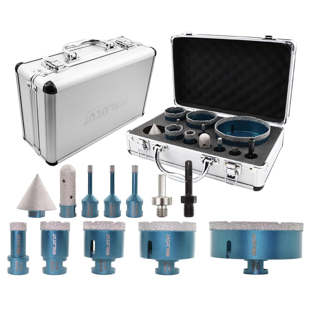 MINLAYCUT Fliesensäge Set Diamantbohrer Set - 12 Stück 6/6/8/20/35/50/68/110mm+50mm Fasenbohrer+20mm Fräser SDS und HEX Adapter für Porzellan Keramik Granit Marmor