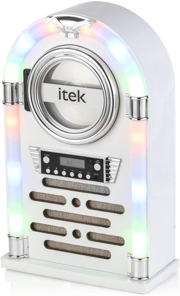 iTek Jukebox with CD Player, FM Radio and Bluetooth Connection, Remote Control Included, Gloss White