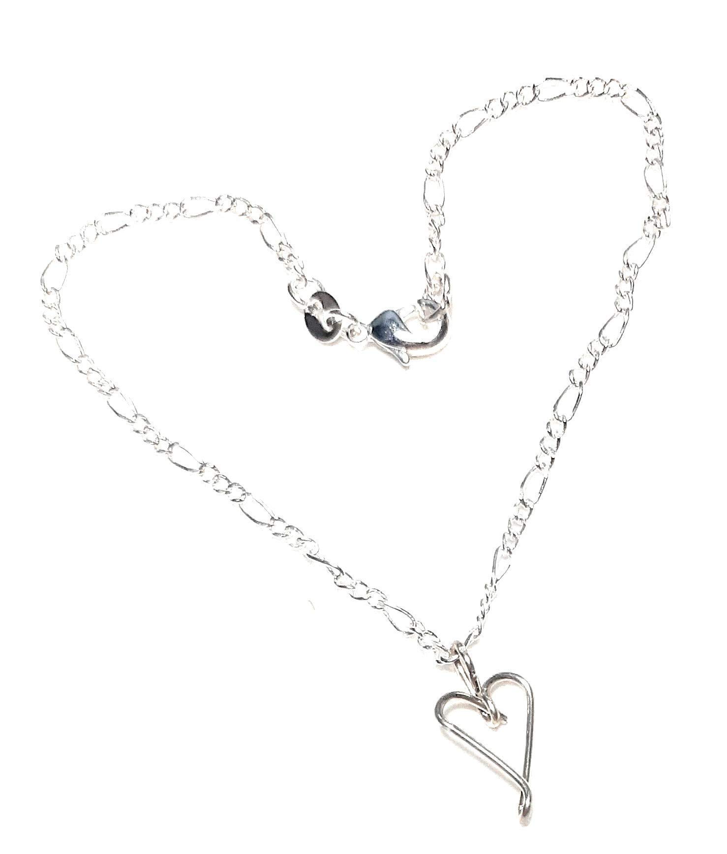 L. Jenkins DesignsSterling Silver plated Anklet Ankle Bracelet Heart charm 8 inch, 9 inch, 10 inch, 11 inch, 12 inch, 13 inch 2 mm Figaro chain