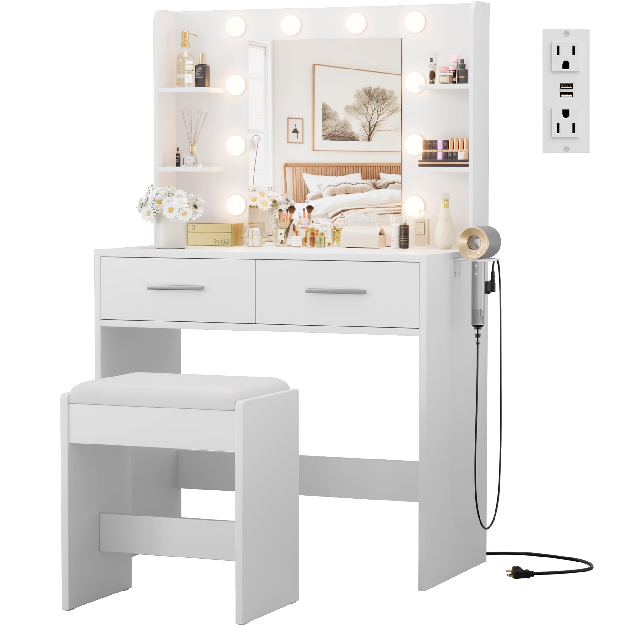JUMMICO Makeup Vanity Desk with Mirror and Lights Power Outlet, Vanity Table Makeup Desk 2 Drawers, 6 Storage Shelves Hairdryer Holder & Bench