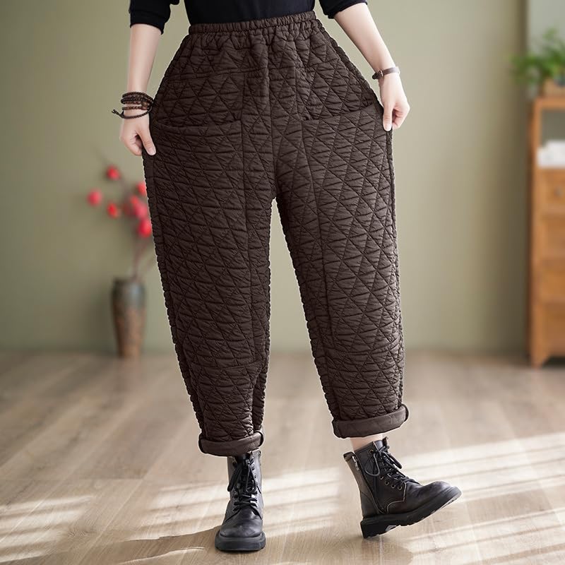 Women Padded Quilted Pants Fall Winter Cotton Warm Casual Wide Leg Pants Elastic Waist Trousers with Pockets3