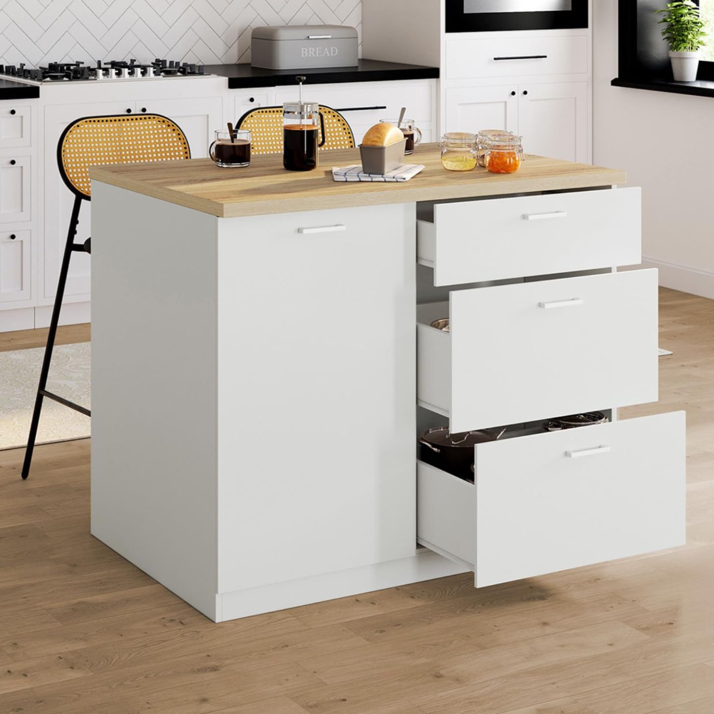 IDMarket - Ilot Central TIBO 110 cm casserolier 3 tiroirs Bois Blanc avec Plan de Travail façon hêtre