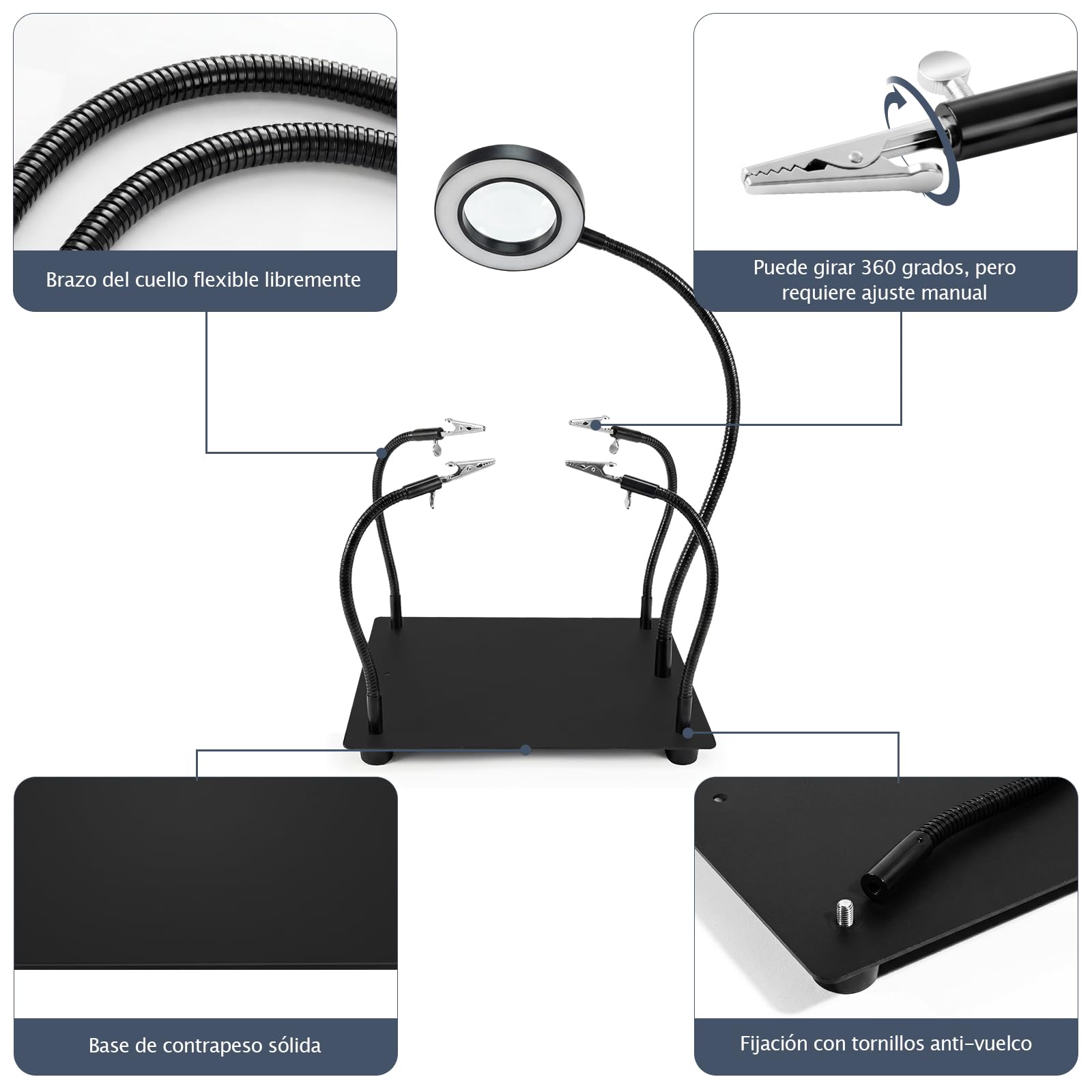 Estación de Soldadura 6X Lupa LED 4 Brazos Flexibles Soporte para Placa de Circuito Tercera Mano para Soldar Joyería Electrónica Manualidades