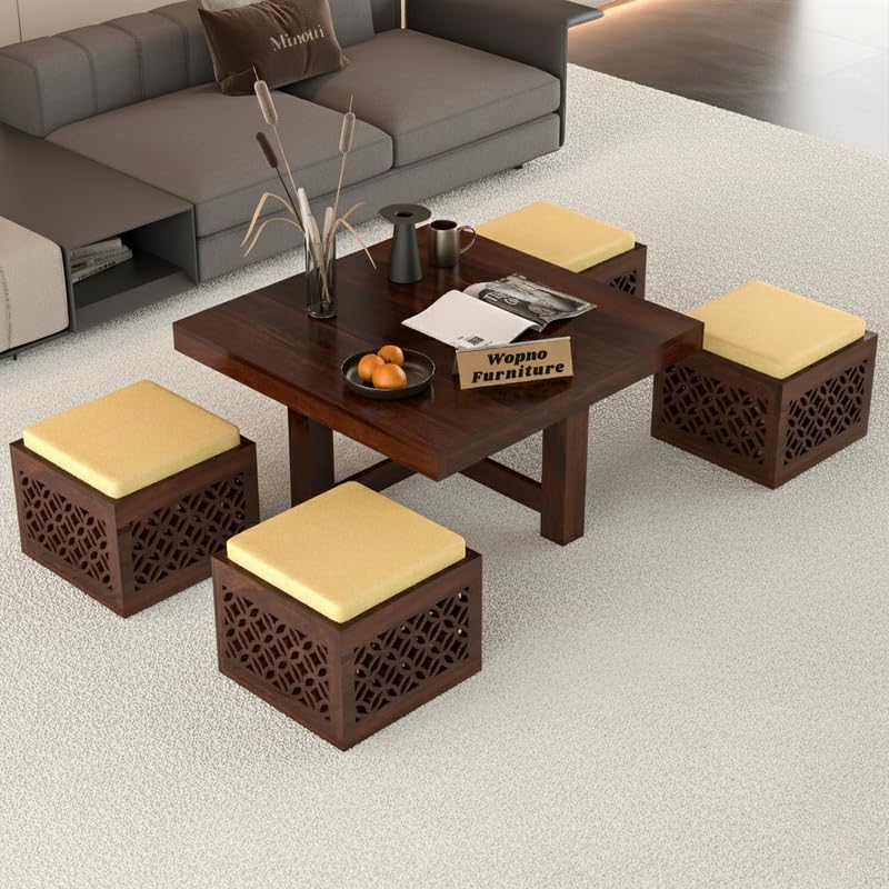 Image of Solid Sheesham Wood Coffee Table with 4 Stool | Center Table with 4 Stools for Living Room | Rosewood Teapoy Table with Cushioned Stool (CNC,Walnut Finish)
