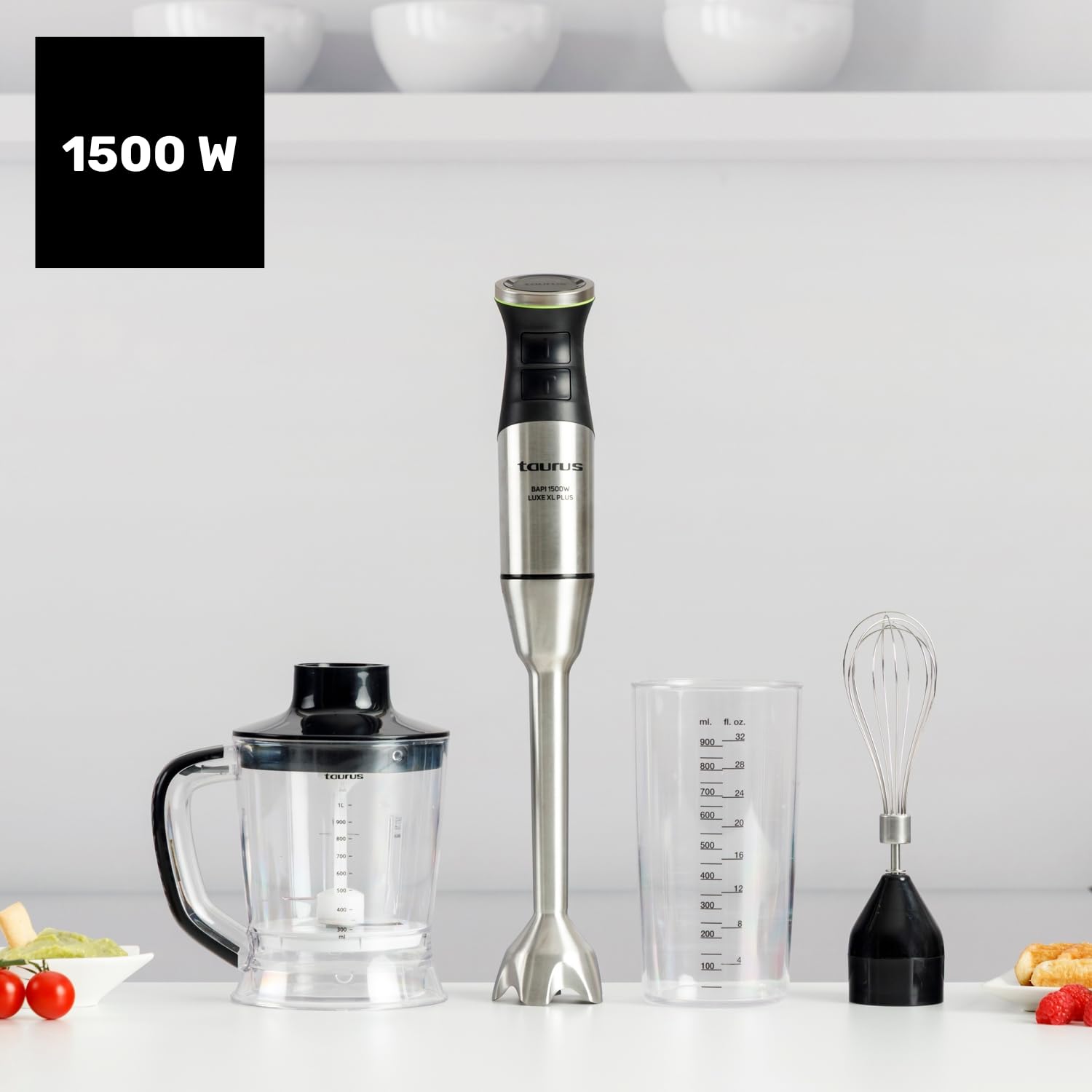 Taurus – Batidora de Mano XXL 1500W | 20 velocidades + TURBO| Cuchillas Inox| Campana Antisalpicaduras| Ergonómica| Libre BPA| Apta Lavavajillas| Pica Hielo | 3 Accesorios