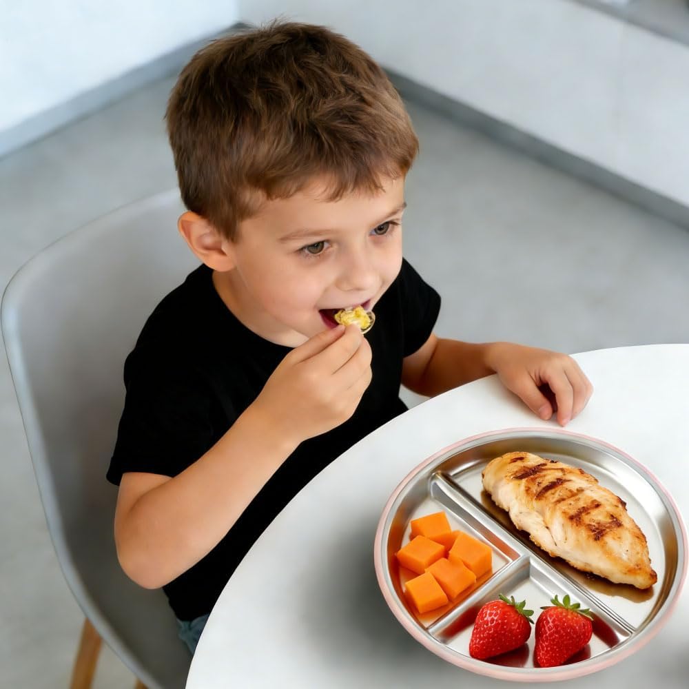 3 Pack Stainless Steel Kids Plates, 8” Divided Metal Toddler Plates with Removable Suction Silicone Sleeves, Stainless Steel Silicone Baby Plate for Infants & Toddlers 1-3 Years, Dishwasher Safe
