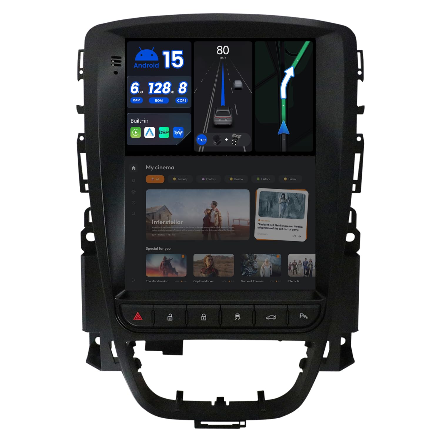 Detailed view of BXLIYER Autoradio features including IPS screen, DSP, 360 camera view, 4G/WiFi connectivity, Mirror-Link, Split-Screen, Steering Wheel Control, Fastboot, and Quick Reversing Mode.