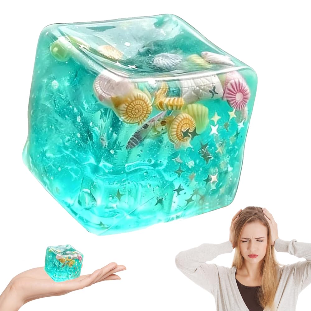 Ocean Seashell Ice Cube Stress Ball, Squishy Fidget Toys Stress Cube, Slow Rise Squishy Cube, Ice Cubes Stress Relief Fidget Toys, Ocean Shells Inside Sensory Stress Relief Toy for Adults Kids (4.5CM)