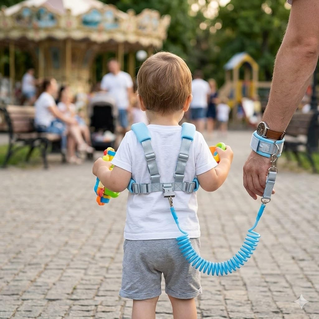 2 in 1 Anti-Lost Harness with Wrist Link for Toddlers, Adjustable Safety Leash for Kids Walking, Breathable Child Harness with Retractable Spring Coil for Outdoor Travel-Blue