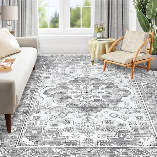 Pauwer Boho Washable Area Rug 8x10 Large Soft Living Room Bedroom Floor Carpet Mat Indoor Farmhouse Vintage Non Slip Accent Throw Rugs for Entryway Kitchen Dorm Dining Room