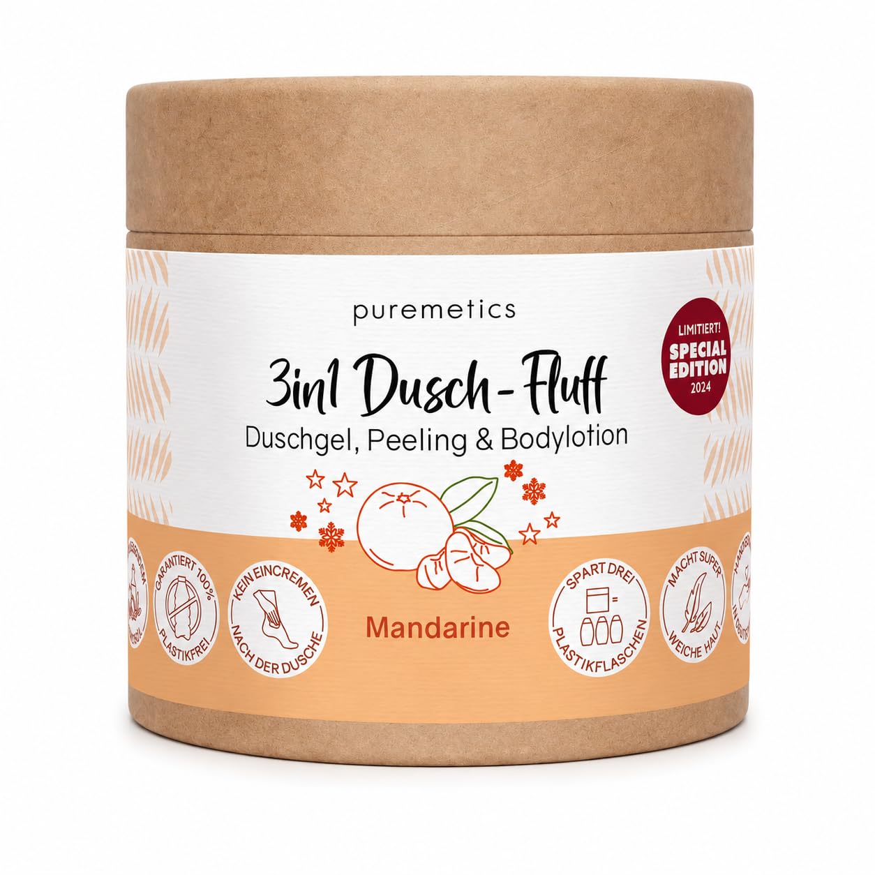 Puremetics 3in1 Dusch-Fluff, Mandarine mit Zuckerpeeling, LE, 250g