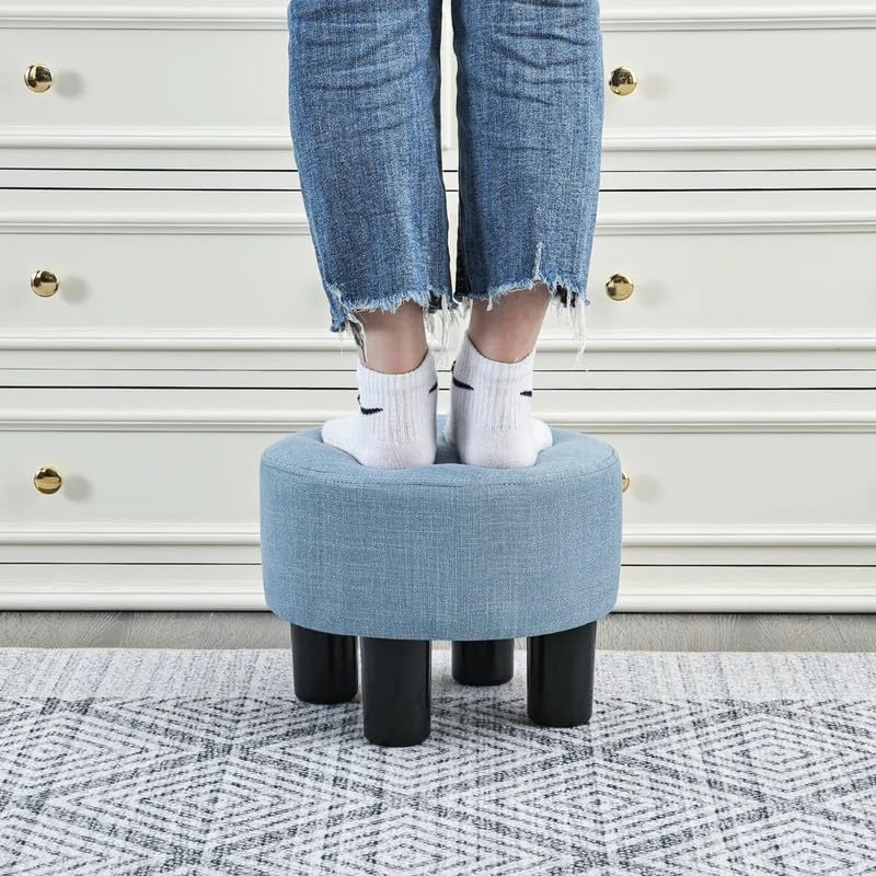 Image of Flannel Small Footstool Puffy Round Ottoman for Footrest, Modern Rectangle Step Stool Extra Seating with Non-Skid Plastic Legs for Living Room, Couch, Entryway Color Light Blue