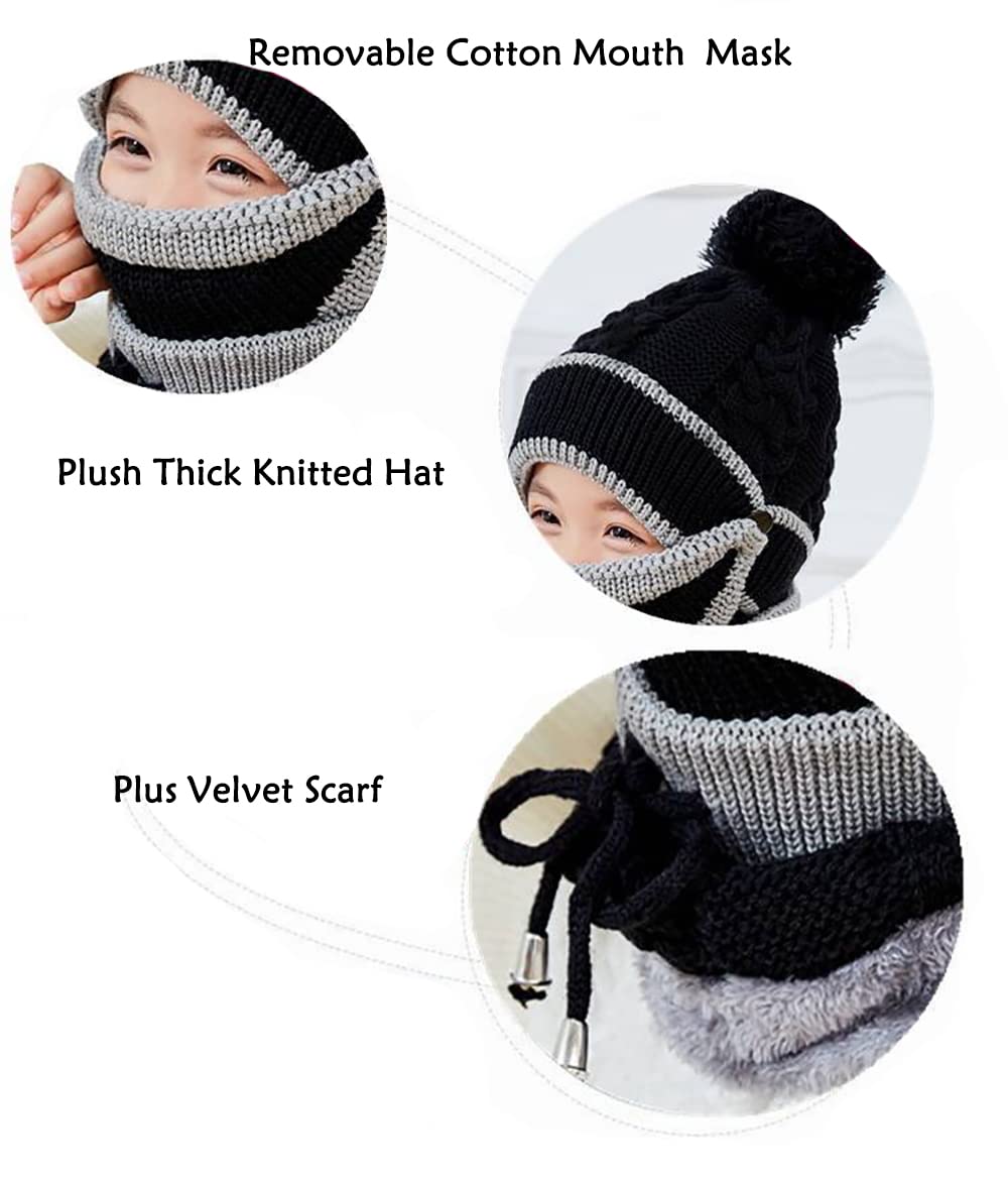 Winter Hat Scarf Set for Boys Girls Knitted Beanie Scarf Mouth Cover Set Fleece Lining Pompom Neck Warmer Face Cover for Outdoor Skiing