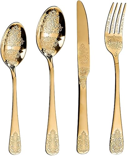 cathyladi Juego de cubiertos de acero inoxidable juego de cubiertos dorados de 24 piezas para 6 personas incluye cuchara de tenedor y caja de