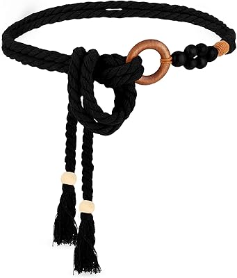 TIESOME Women's Tassel Braided Waist Belt, Skinny Woven Belt for Dress Waist Belt Rope Chain with Woven Wooden Beads