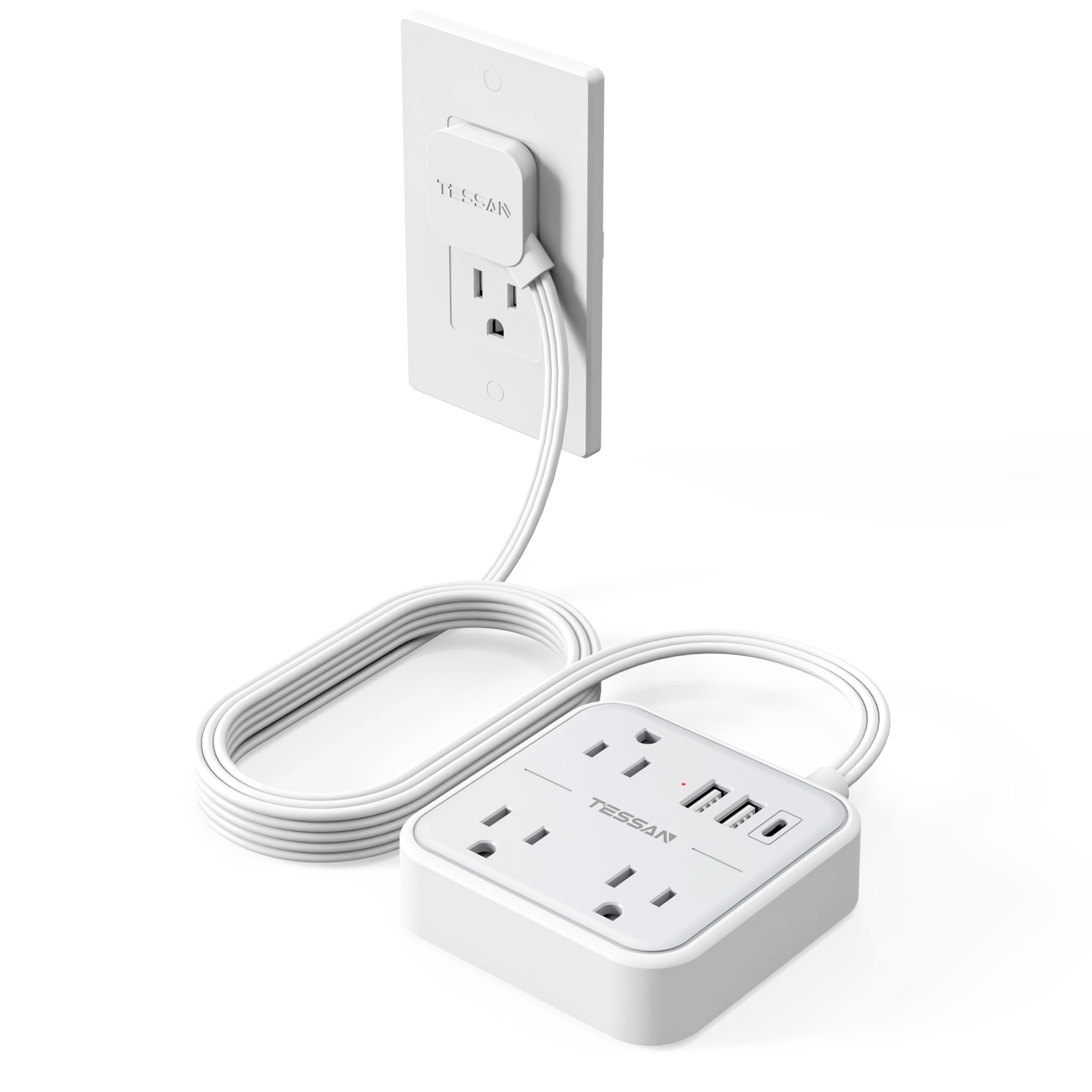 Extension Cord Flat Long Power Strip 15 FT, TESSAN Surge Protector Power Strip with USB Ports (1 USB C), Flat Wall Outlet Extender with 3 Outlets for
