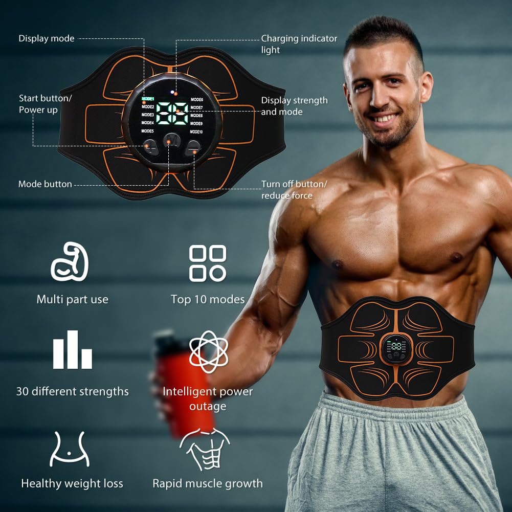 EMS Bauchmuskeltrainer Elektrisch, EMS Trainingsgerät Bauchtrainer für Zuhause Muskelstimulation, 10 Modi & 30 Intensitäten, USB-aufladbar, Bauchmuskel Gürte für Männer und Frauen