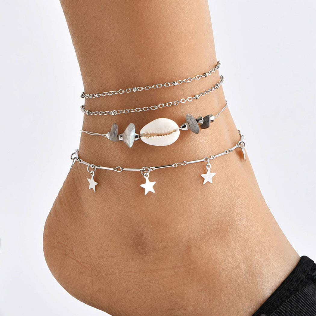 Jozape Boho Layered Anklet Silver Star Ankle Shell Stone Ankle Bracelets for Women and Girls